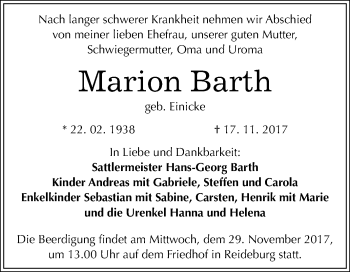 Traueranzeige von Marion Barth von Mitteldeutsche Zeitung Halle/Saalkreis