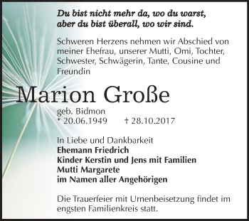 Traueranzeige von Marion Große von Mitteldeutsche Zeitung Bernburg