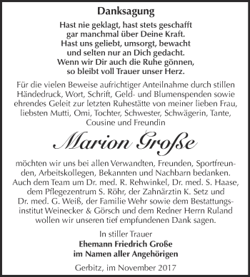 Traueranzeige von Marion Große von Super Sonntag Bernburg