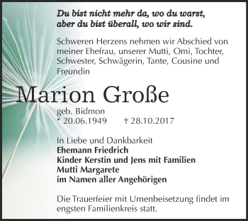 Traueranzeige von Marion Große von Super Sonntag Bernburg