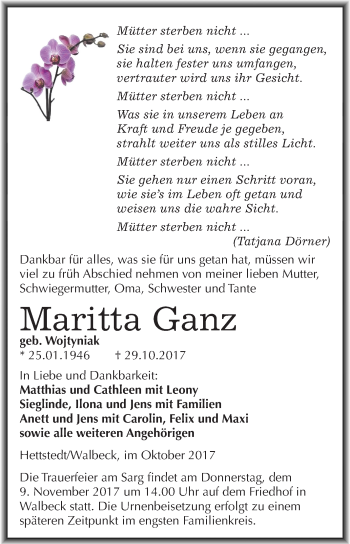 Traueranzeige von Maritta Ganz von Mitteldeutsche Zeitung