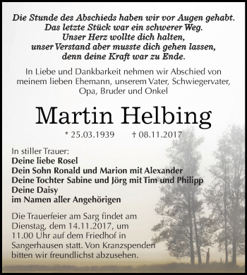 Traueranzeige von Martin Helbing von Super Sonntag SGH Mansf. Land