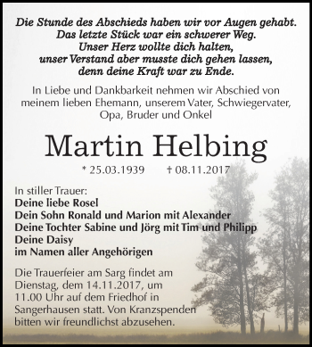 Traueranzeige von Martin Helbing von Mitteldeutsche Zeitung