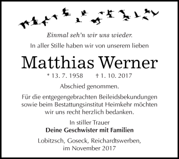 Traueranzeige von Matthias Werner von WVG - Wochenspiegel NMB / WSF / ZTZ