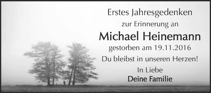  Traueranzeige für Michael Heinemann vom 18.11.2017 aus WVG - Wochenspiegel Quedlinburg