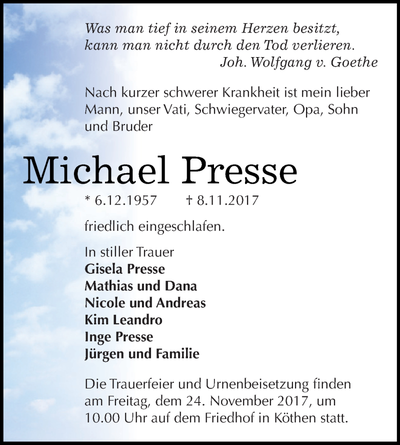  Traueranzeige für Michael Presse vom 18.11.2017 aus WVG - Wochenspiegel Dessau / Köthen
