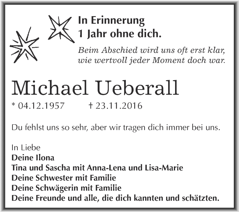  Traueranzeige für Michael Ueberall vom 22.11.2017 aus WVG - Wochenspiegel NMB / WSF / ZTZ