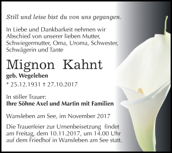 Traueranzeige von Mignon Kahnt von Wochenspiegel Mansfelder Land