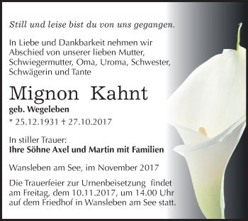 Traueranzeige von Mignon Kahnt von Mitteldeutsche Zeitung