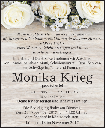 Traueranzeige von Monika Krieg von Mitteldeutsche Zeitung Quedlinburg