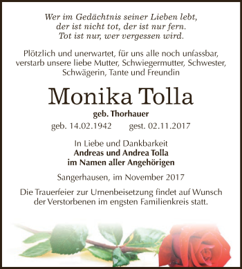 Traueranzeige von Monika Tolla von Super Sonntag SGH Mansf. Land