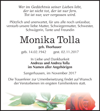 Traueranzeige von Monika Tolla von Mitteldeutsche Zeitung Sangerhausen