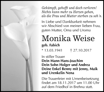 Traueranzeige von Monika Weise von Mitteldeutsche Zeitung Bitterfeld