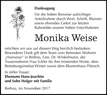 Traueranzeige von Monika Weise von Mitteldeutsche Zeitung Bitterfeld