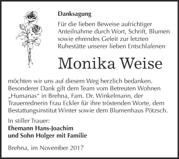 Traueranzeige von Monika Weise von WVG - Wochenspiegel Bitterfeld