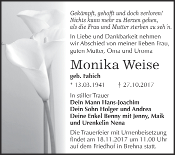 Traueranzeige von Monika Weise von WVG - Wochenspiegel Bitterfeld