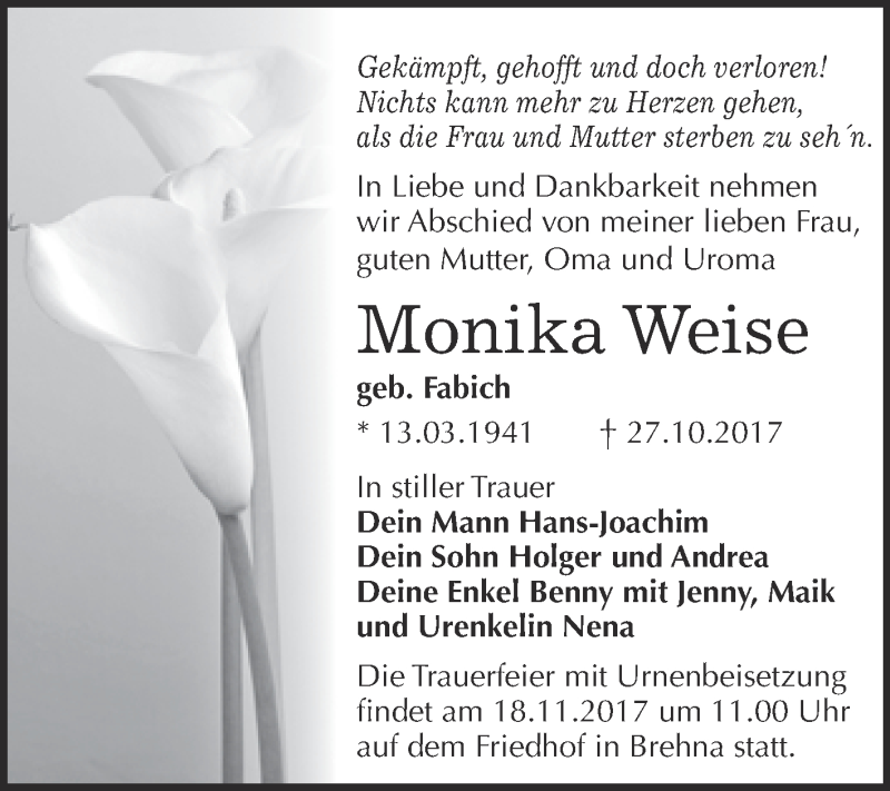 Traueranzeige für Monika Weise vom 08.11.2017 aus WVG - Wochenspiegel Bitterfeld