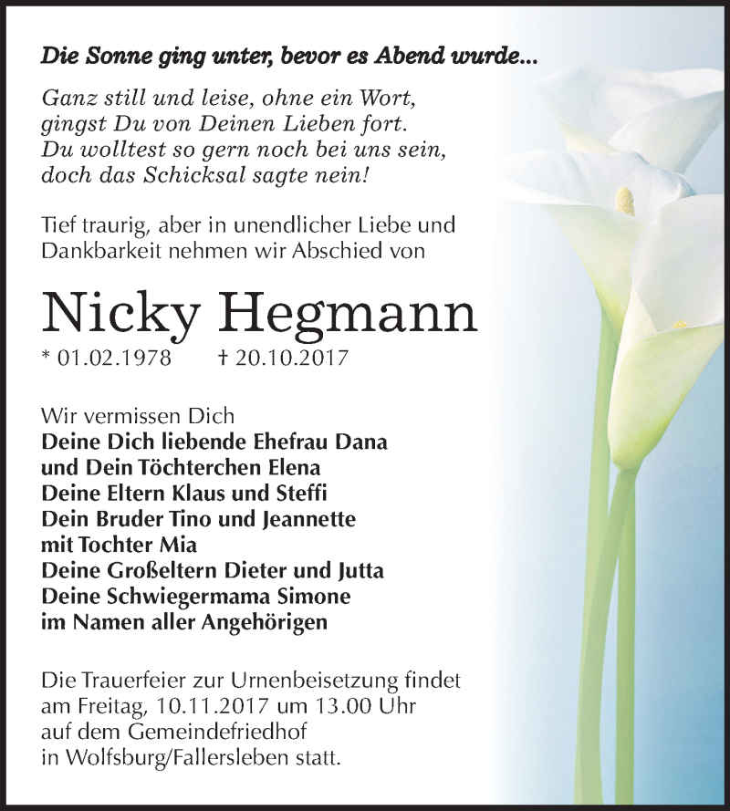  Traueranzeige für Nicky Hegmann vom 01.11.2017 aus Mitteldeutsche Zeitung Halle/Saalkreis