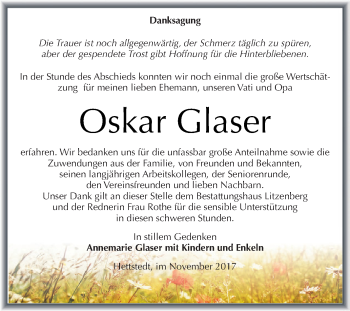 Traueranzeige von Oskar Glaser von Wochenspiegel Mansfelder Land