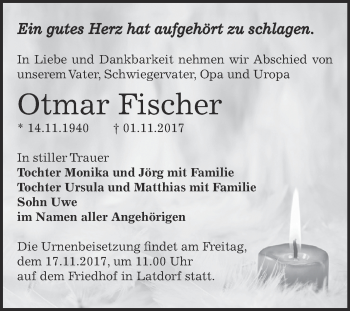 Traueranzeige von Otmar Fischer von Super Sonntag Bernburg