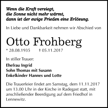 Traueranzeige von Otto Frohberg von Mitteldeutsche Zeitung Köthen