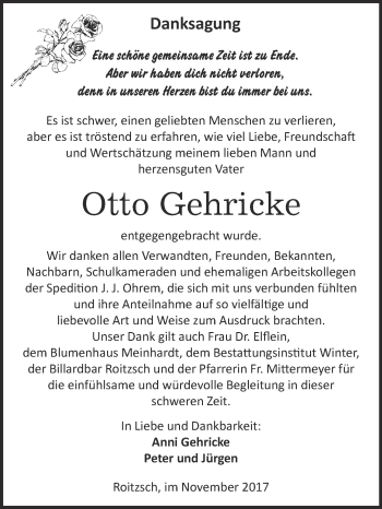 Traueranzeige von Otto Gehricke von WVG - Wochenspiegel Bitterfeld