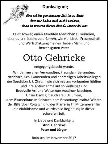 Traueranzeige von Otto Gehricke von Mitteldeutsche Zeitung Bitterfeld