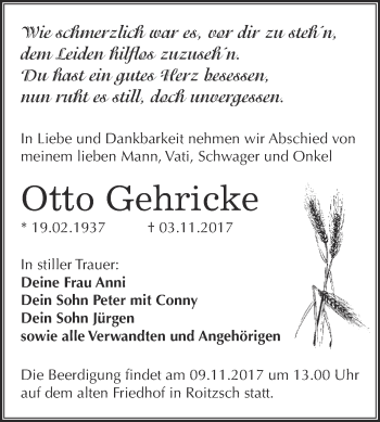 Traueranzeige von Otto Gehricke von WVG - Wochenspiegel Bitterfeld