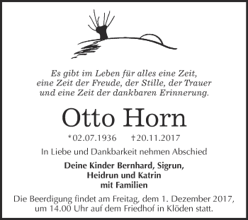 Traueranzeige von Otto Horn von WVG - Wochenspiegel Wittenberg