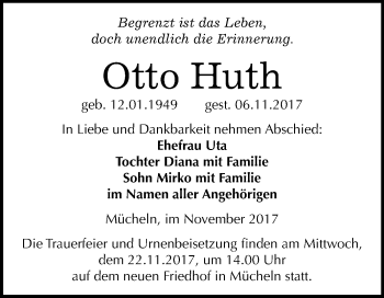 Traueranzeige von Otto Huth von Mitteldeutsche Zeitung Merseburg/Querfurt