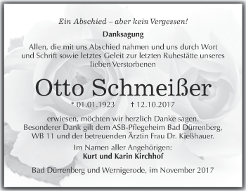 Traueranzeige von Otto Schmeißer von Super Sonntag Merseburg