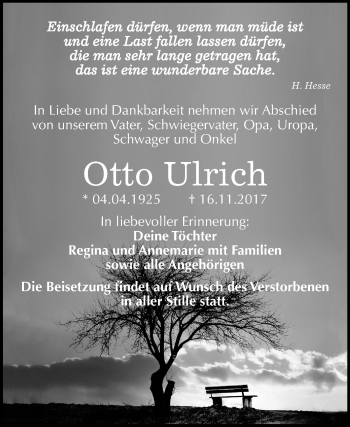 Traueranzeige von Otto Ulrich von Mitteldeutsche Zeitung Köthen