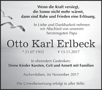Traueranzeige von Otto Karl Erlbeck von Super Sonntag Aschersleben