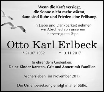 Traueranzeige von Otto Karl Erlbeck von Mitteldeutsche Zeitung Aschersleben