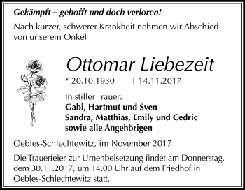 Traueranzeige von Ottomar Liebezeit von Mitteldeutsche Zeitung Merseburg/Querfurt