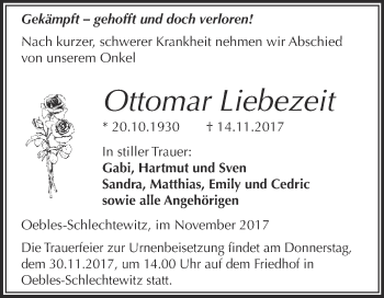 Traueranzeige von Ottomar Liebezeit von Super Sonntag Merseburg
