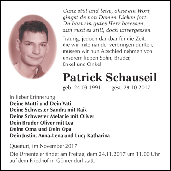 Traueranzeige von Patrick Schauseil von Mitteldeutsche Zeitung Merseburg/Querfurt