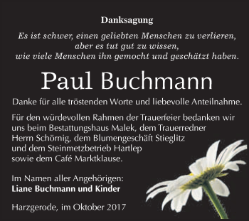 Traueranzeige von Paul Buchmann von WVG - Wochenspiegel Quedlinburg