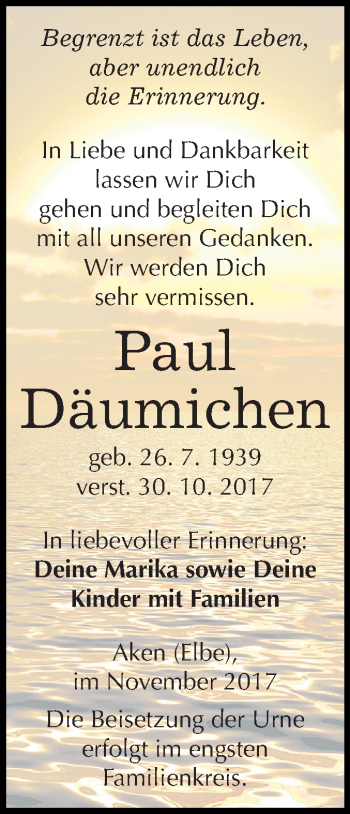 Traueranzeige von Paul Däumichen von Mitteldeutsche Zeitung Köthen