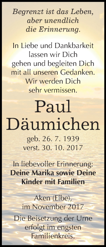 Traueranzeige von Paul Däumichen von WVG - Wochenspiegel Dessau / Köthen