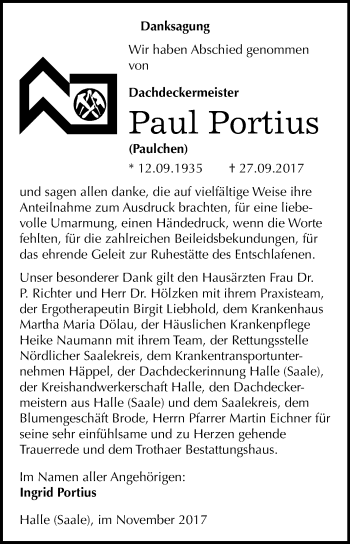 Traueranzeige von Paul Portius von Mitteldeutsche Zeitung Halle/Saalkreis
