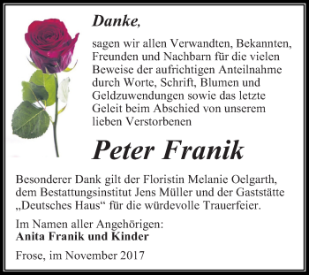 Traueranzeige von Peter Franik von Mitteldeutsche Zeitung Aschersleben