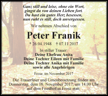 Traueranzeige von Peter Franik von Super Sonntag Aschersleben