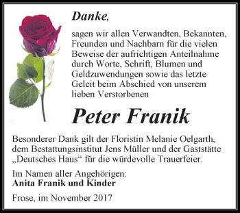 Traueranzeige von Peter Franik von Super Sonntag Aschersleben