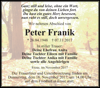 Traueranzeige von Peter Franik von Mitteldeutsche Zeitung Aschersleben