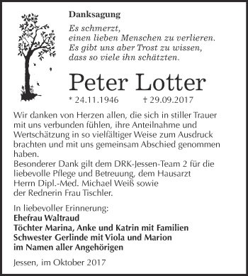 Traueranzeige von Peter Lotter von WVG - Wochenspiegel Wittenberg