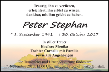 Traueranzeige von Peter Stephan von Mitteldeutsche Zeitung Bitterfeld