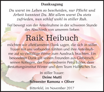 Traueranzeige von Raik Heibuch von Mitteldeutsche Zeitung Bitterfeld
