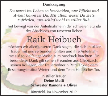 Traueranzeige von Raik Heibuch von WVG - Wochenspiegel Bitterfeld