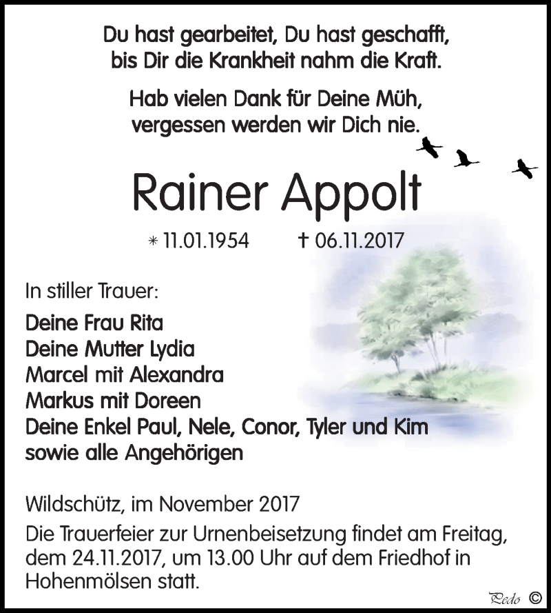  Traueranzeige für Rainer Appolt vom 11.11.2017 aus Mitteldeutsche Zeitung Weißenfels
